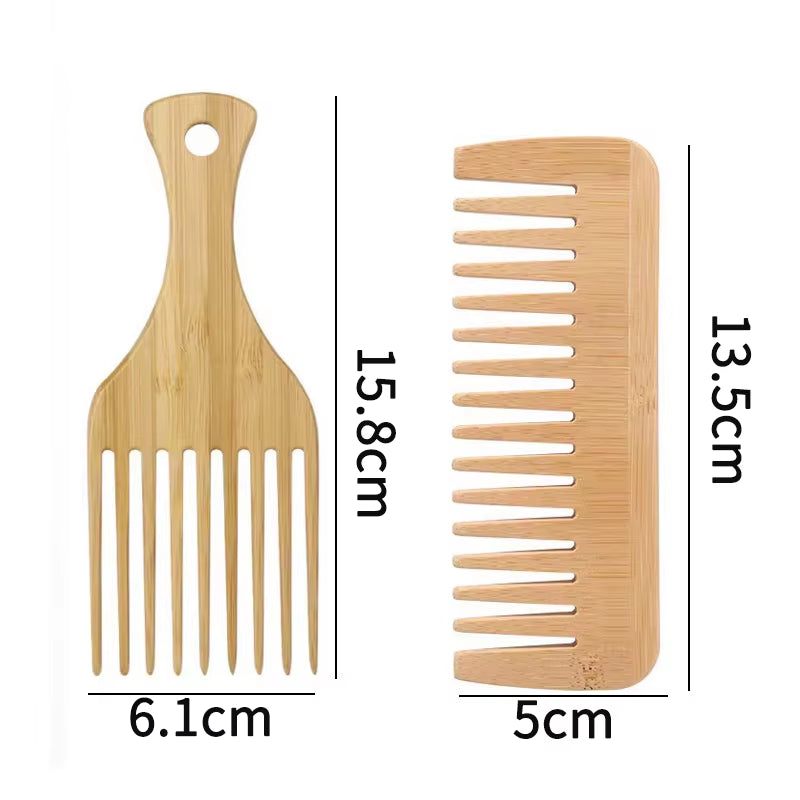 2Pcs/Set Natural Bamboo Wooden Comb Anti-Static Afro Fork Combs Beard Comb Men Women Anti-Static Hair Wooden Comb Hair Styling C