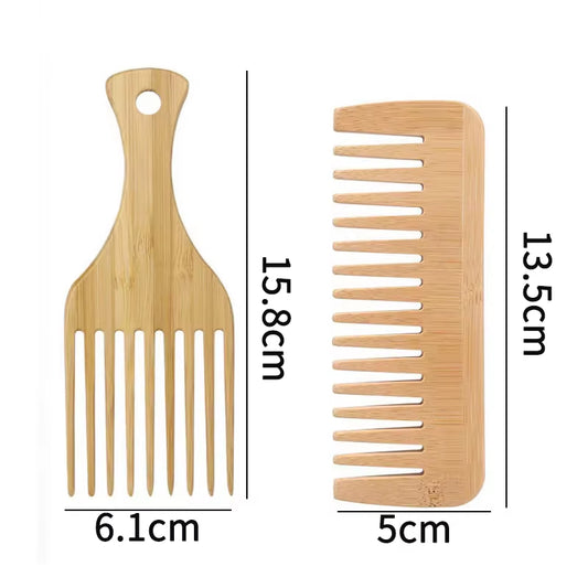 2Pcs/Set Natural Bamboo Wooden Comb Anti-Static Afro Fork Combs Beard Comb Men Women Anti-Static Hair Wooden Comb Hair Styling C
