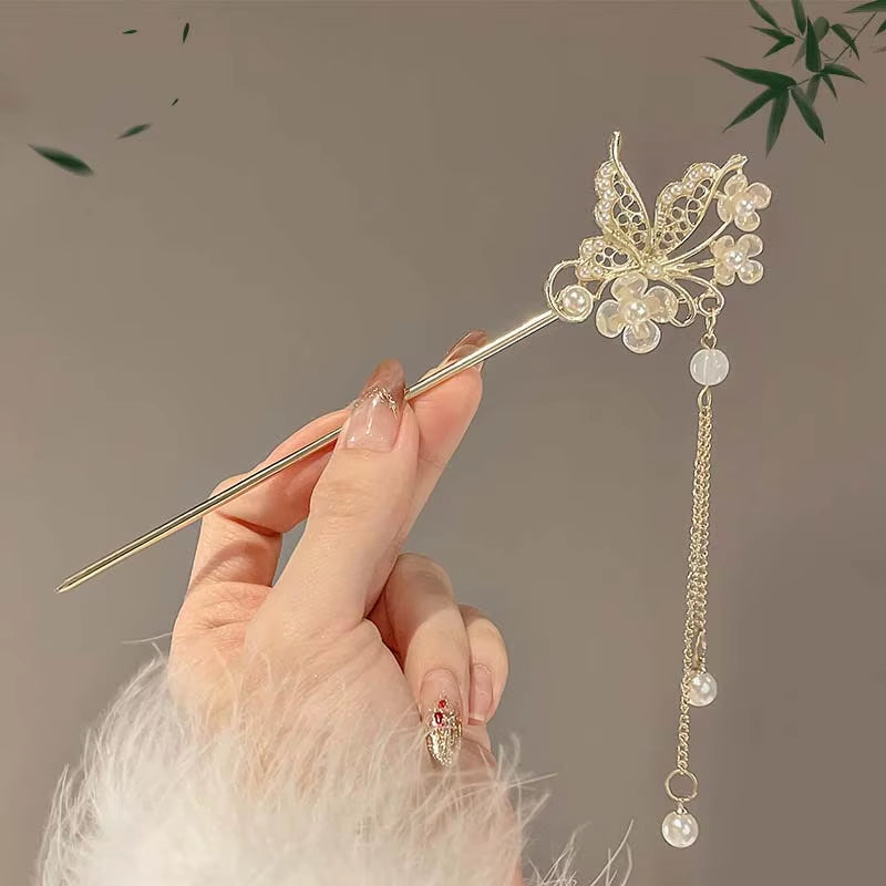 Retro Chinese Style Tassel Hair Clip for Women Hair Stick Pins Flower Handmade Hairpins Charm Jewelry Accessories Hair Ornaments